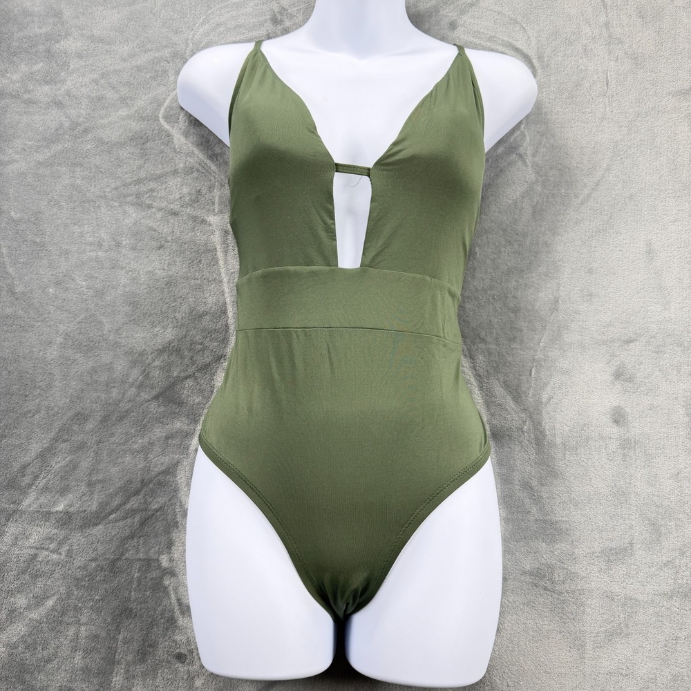 BECCA by Rebecca Virtue One Piece Swimsuit Large Olive Green Plunge NWT $124